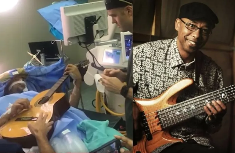 Musician plays guitar on brain surgery